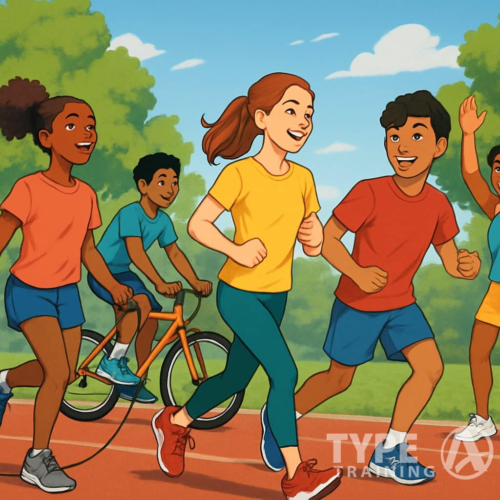 A group of diverse teenagers exercising outdoors, jogging, cycling, jump roping, and doing aerobic workouts in a park with trees and a running track.