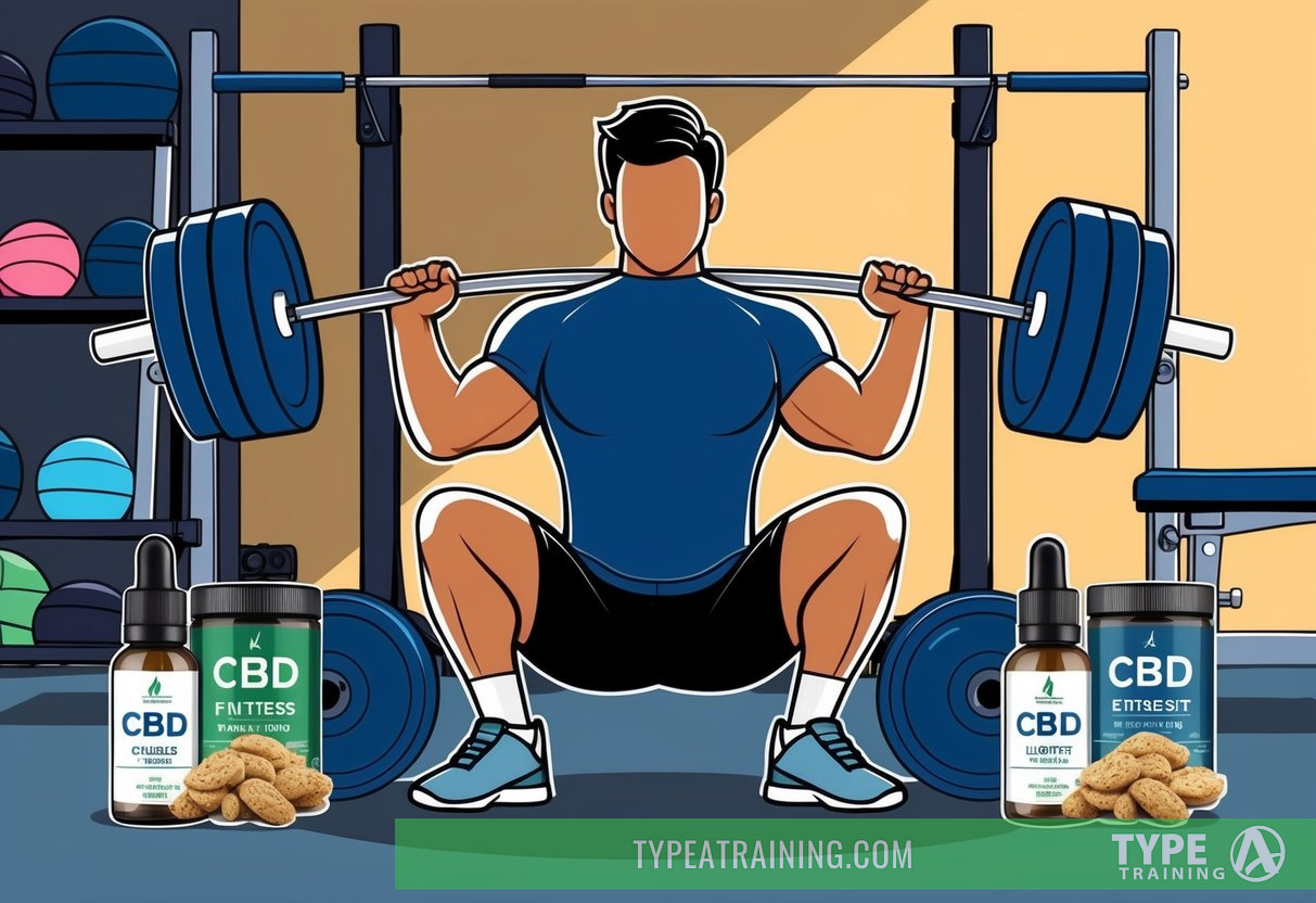 A person lifting weights in a gym, surrounded by fitness equipment and CBD products