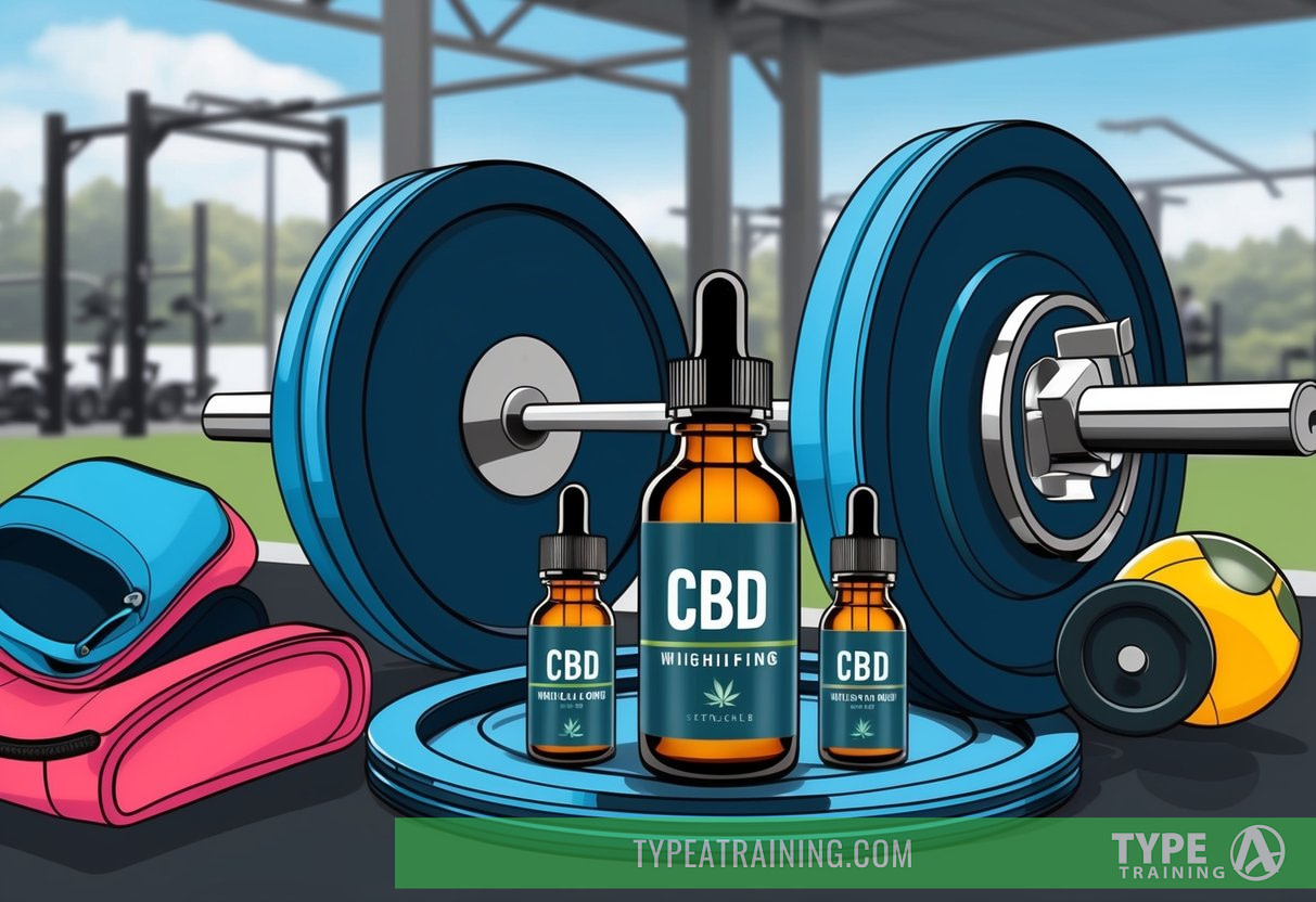 A weightlifting barbell surrounded by CBD oil bottles and athletic gear, with a backdrop of a gym or outdoor training area