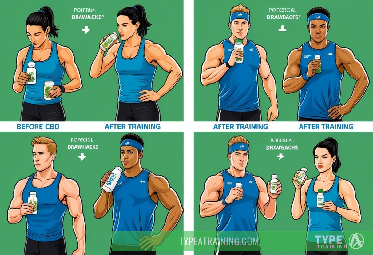 A group of athletes consume CBD in various forms before and after training, showcasing the benefits and potential drawbacks of using CBD in fitness