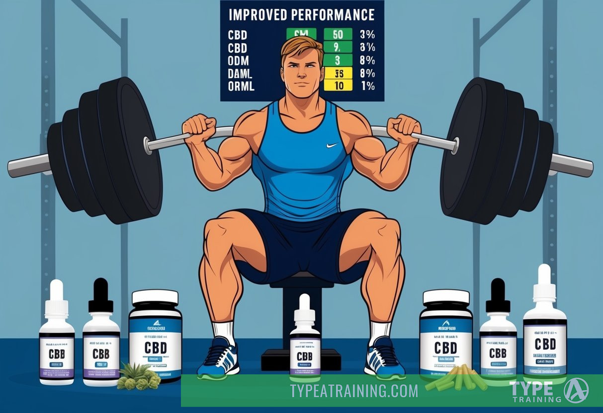 A professional athlete lifting weights in a gym, surrounded by various CBD products and supplements. A scoreboard in the background shows improved performance metrics