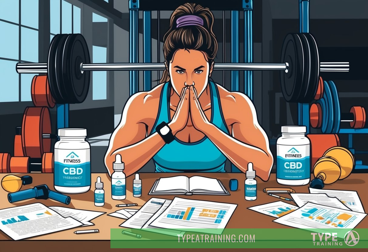 A fitness enthusiast surrounded by workout equipment, with CBD products and research papers scattered on a table