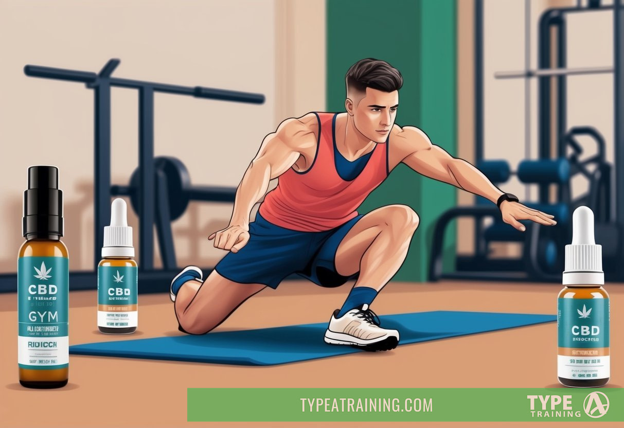 A runner stretching in a gym, with CBD products and exercise equipment in the background