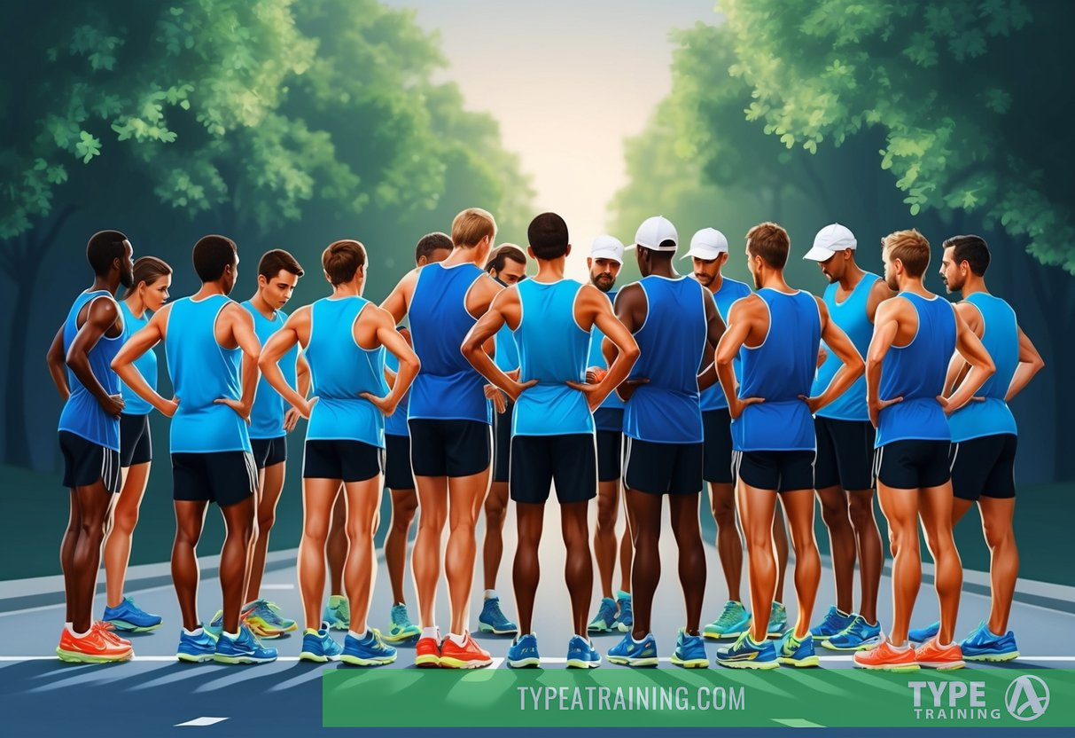 Marathon runners gather in a quiet, focused huddle, visualizing their race day strategies. The air is charged with determination and anticipation