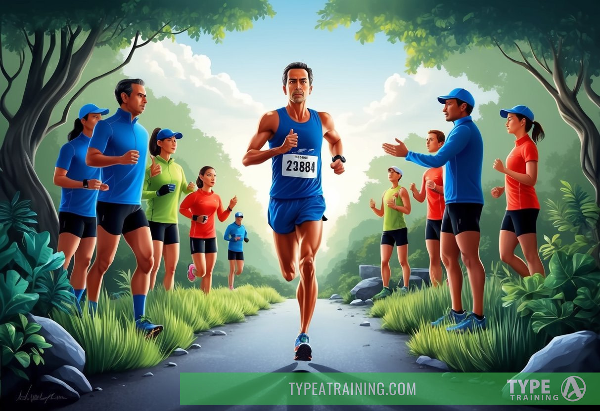 A marathon runner visualizes a calm, focused mindset amidst a serene natural landscape, surrounded by supportive teammates and coaches