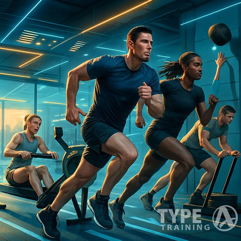 Athletes competing in a hybrid fitness race, performing various exercises like running, rowing, and sled pushing in a modern sports arena.