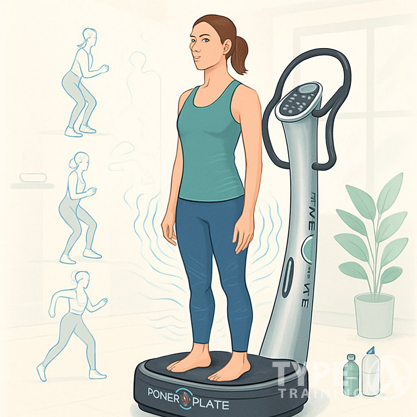 A person using a Power Plate machine in a fitness studio, demonstrating muscle recovery exercises with subtle vibration effects around their legs and core.