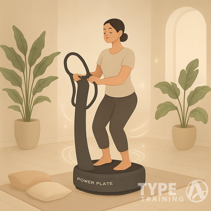 A person gently exercising on a Power Plate machine in a calm room with plants, demonstrating stress relief and relaxation.