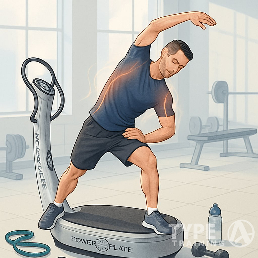 A fitness instructor performing a warm-up stretch on a Power Plate vibration platform in a bright gym with exercise equipment around.