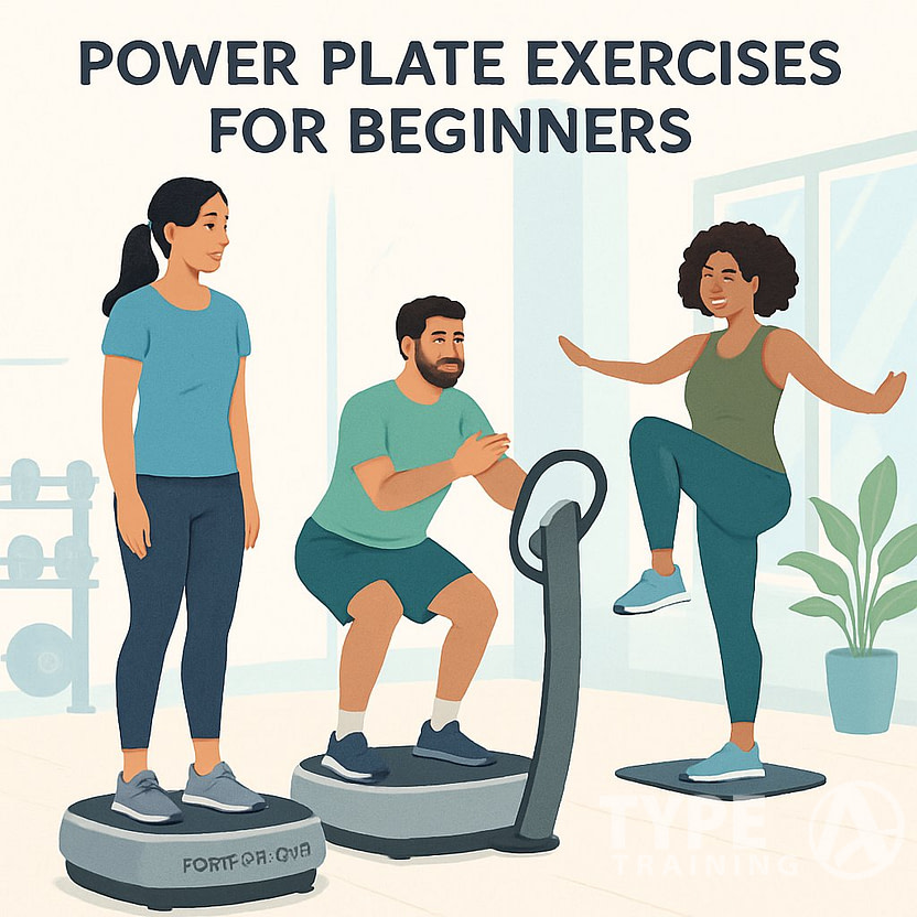 Three beginners performing different exercises on Power Plate machines in a bright gym with natural light and fitness equipment around them.