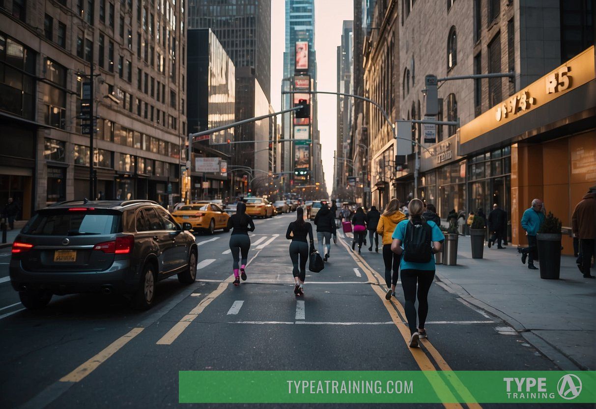 A bustling city street with various fitness centers and gyms lining the sidewalks, each displaying signs advertising personal trainer options in Manhattan