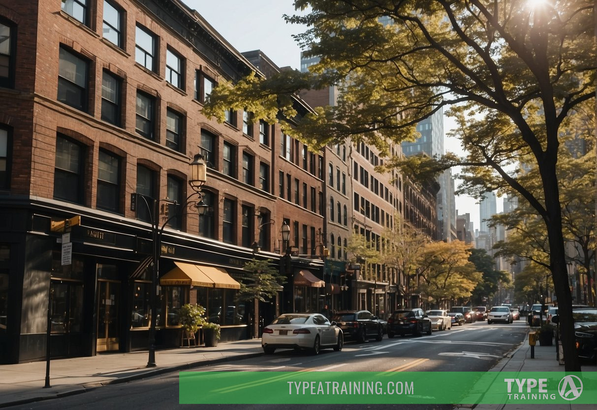 A bustling Manhattan street with various fitness centers and gyms offering personal training programs and workout options