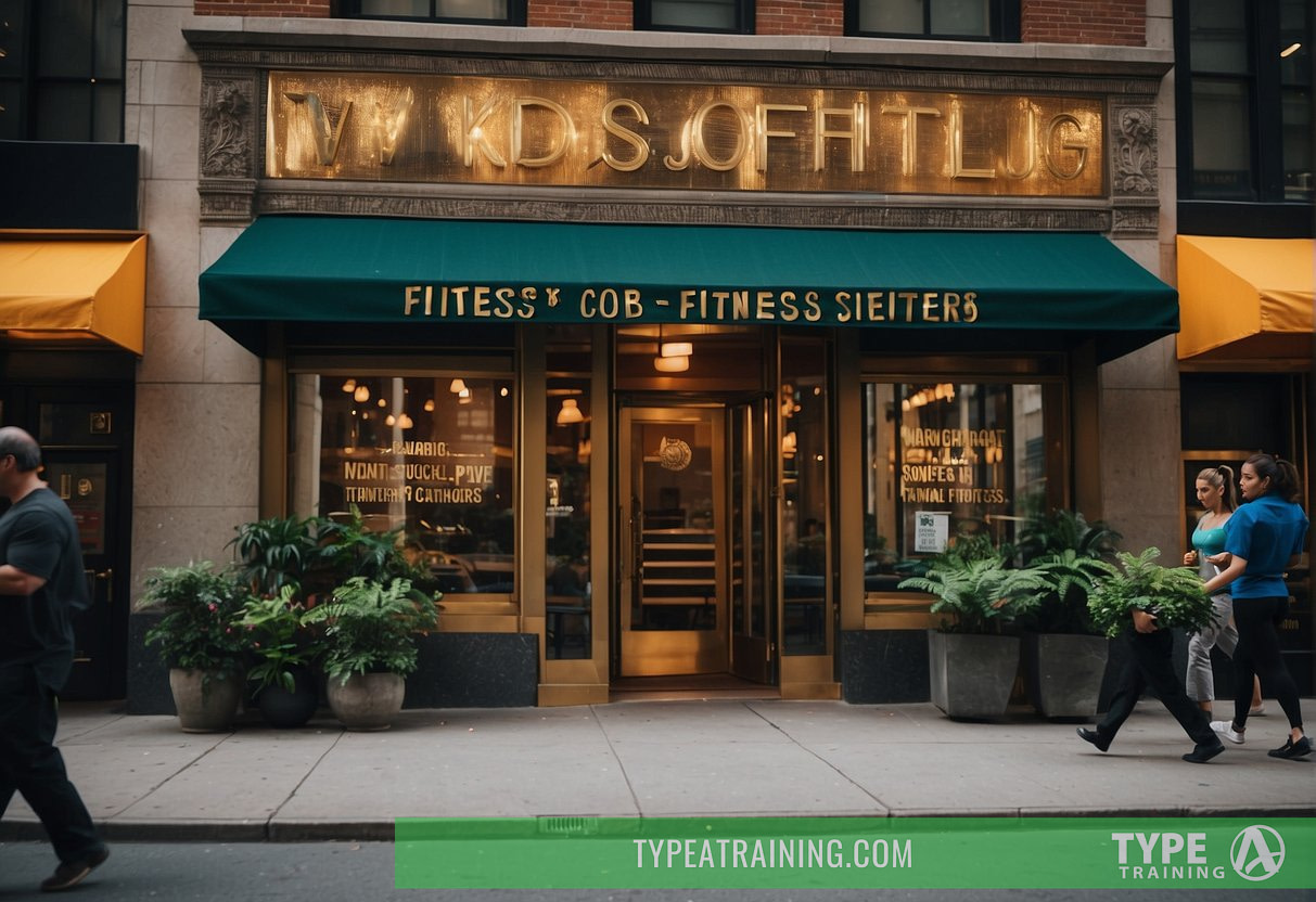 A bustling Manhattan street with fitness studios and personal training centers lining the sidewalks, showcasing vibrant signs and energetic clientele