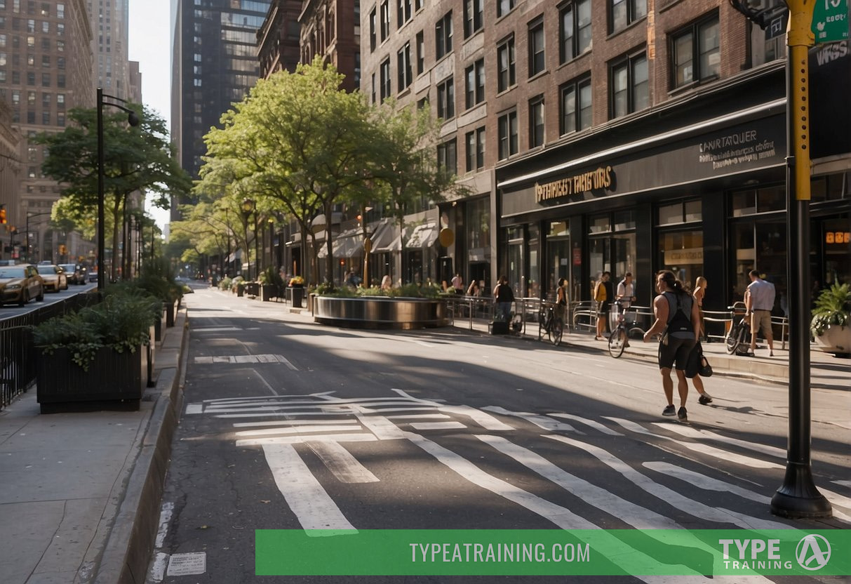 A busy city street with various fitness centers and gyms lining the sidewalks, each displaying signs advertising personal trainer options in Manhattan