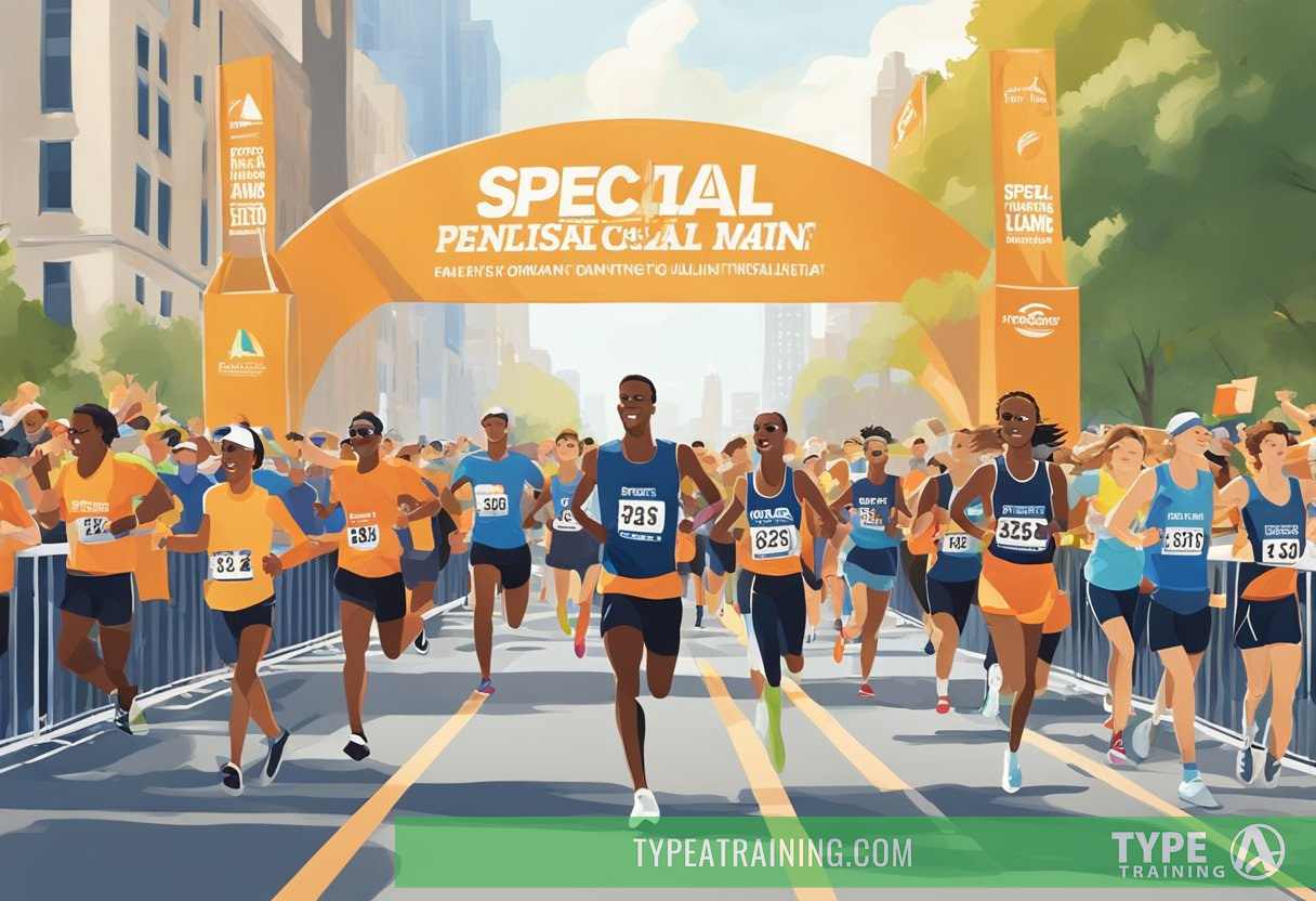 Runners crossing the finish line at the New York Marathon, with cheering crowds and a banner displaying "Special Programs and Initiatives Qualifying"