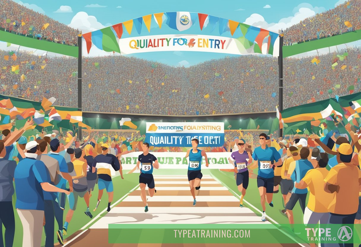Runners crossing a finish line with a large "Qualify for Entry" banner overhead, surrounded by cheering spectators and officials