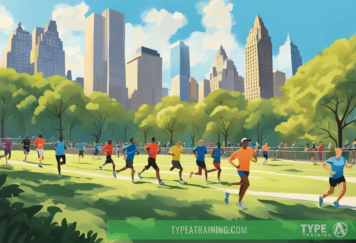 Runners stretching and warming up in Central Park, surrounded by trees and city skyline, with a clear blue sky overhead