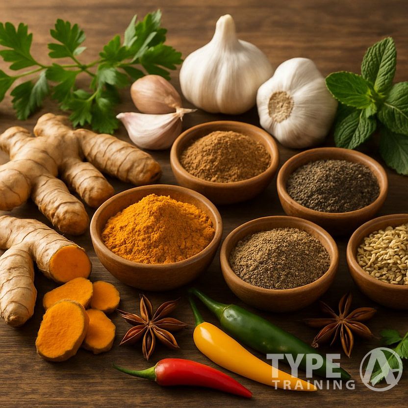 A wooden table displaying various fresh and dried spices and herbs including turmeric, ginger, cinnamon, garlic, chili peppers, and small bowls of ground spices.