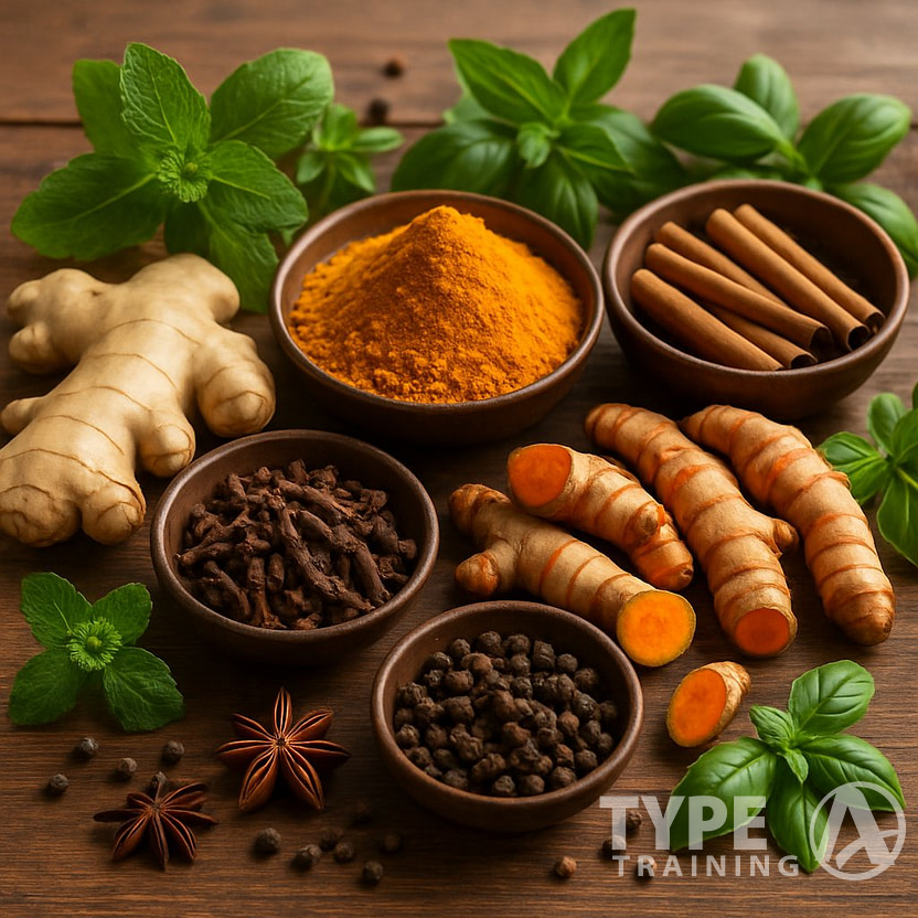 A wooden table displaying various anti-inflammatory spices and fresh herbs arranged in bowls and scattered naturally.