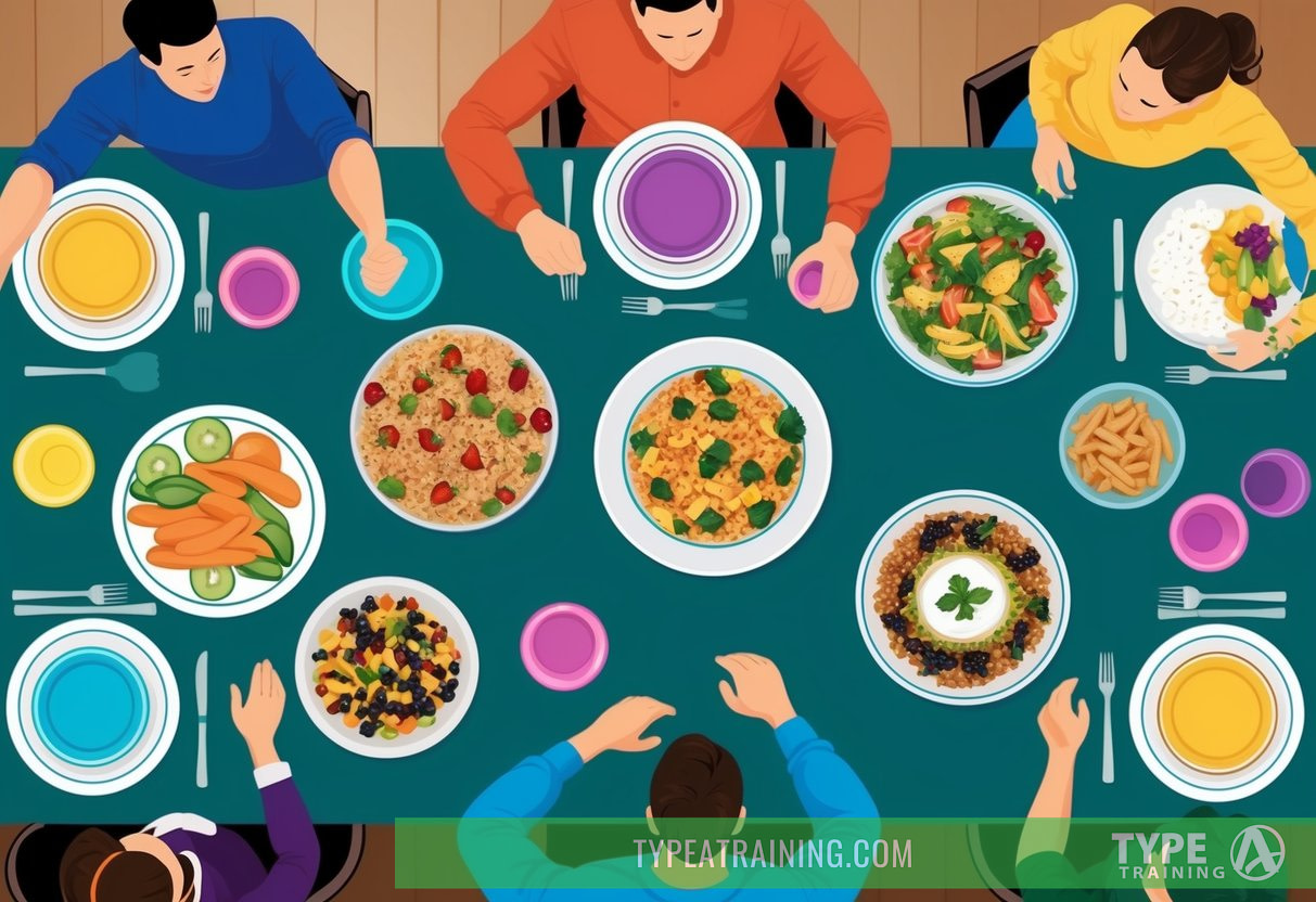 A festive table with colorful, portion-controlled dishes and healthy snacks. A person is seen engaging in physical activity, such as walking or dancing, at a holiday gathering