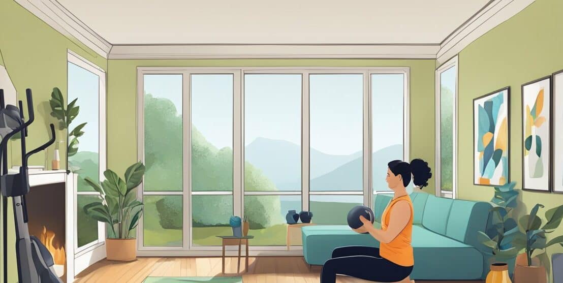 A living room with exercise equipment, water bottle, and a yoga mat. A personal trainer is guiding a client through a workout