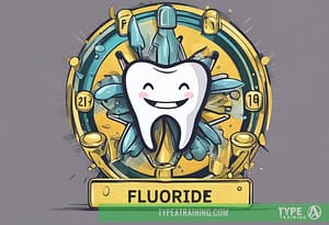 a cartoon tooth with a smile and a blue and yellow circle with many objects around it
