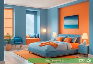 a bedroom with blue and orange walls