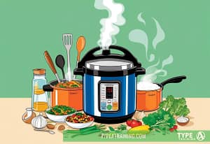 a pressure cooker with various food items on a table