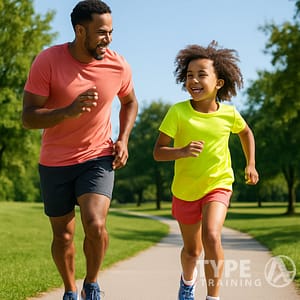 a man and a girl running on a path