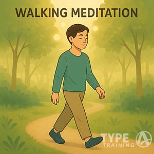 a cartoon of a man walking on a path in the woods
