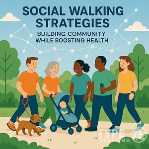 a group of people walking with a stroller and a dog