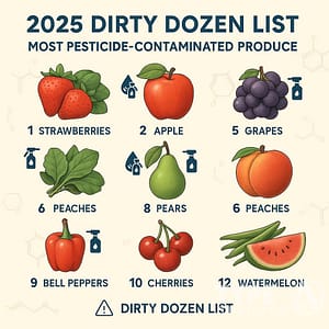 Dirty Dozen 2026 list showing 12 fruits and vegetables with highest pesticide residues