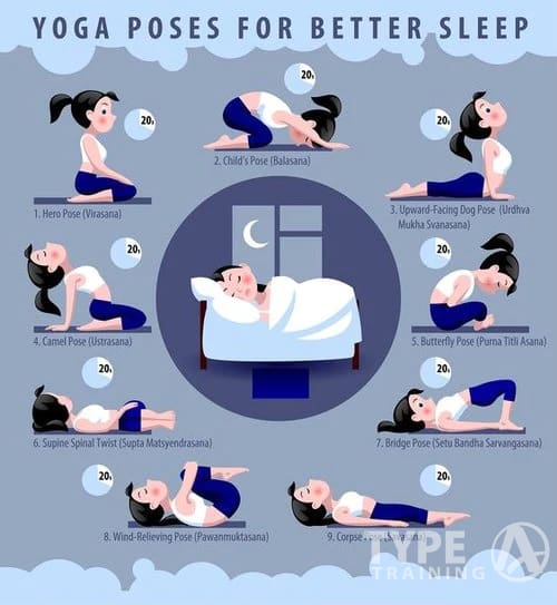 Female practicing calming yoga poses indoors in a softly lit room designed for relaxation and better sleep.