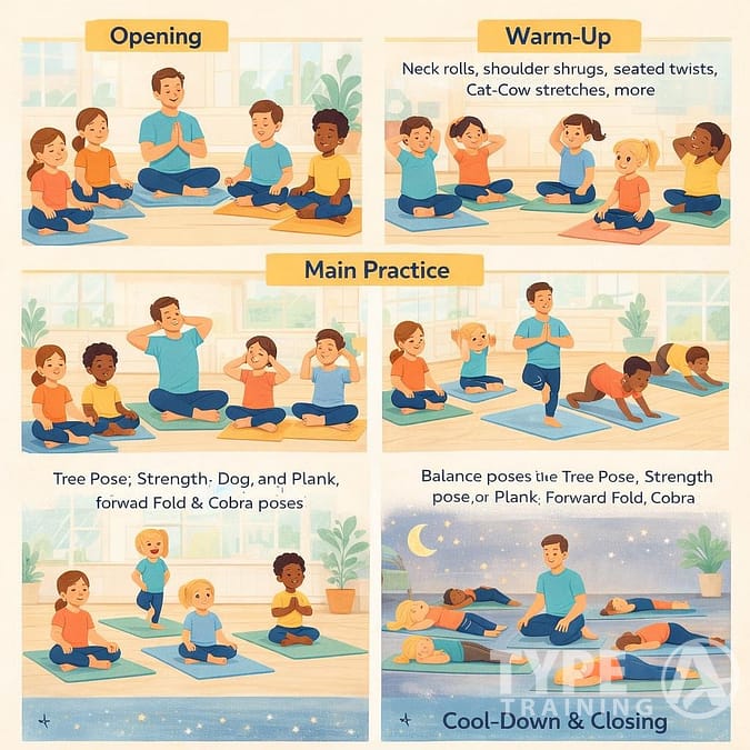 Children practicing yoga in various poses in a classroom.