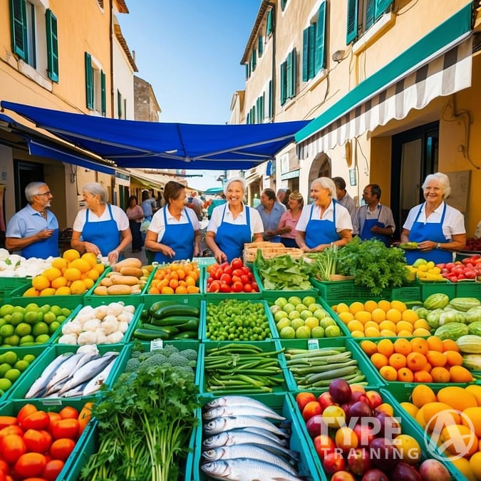 a group of people standing in a market