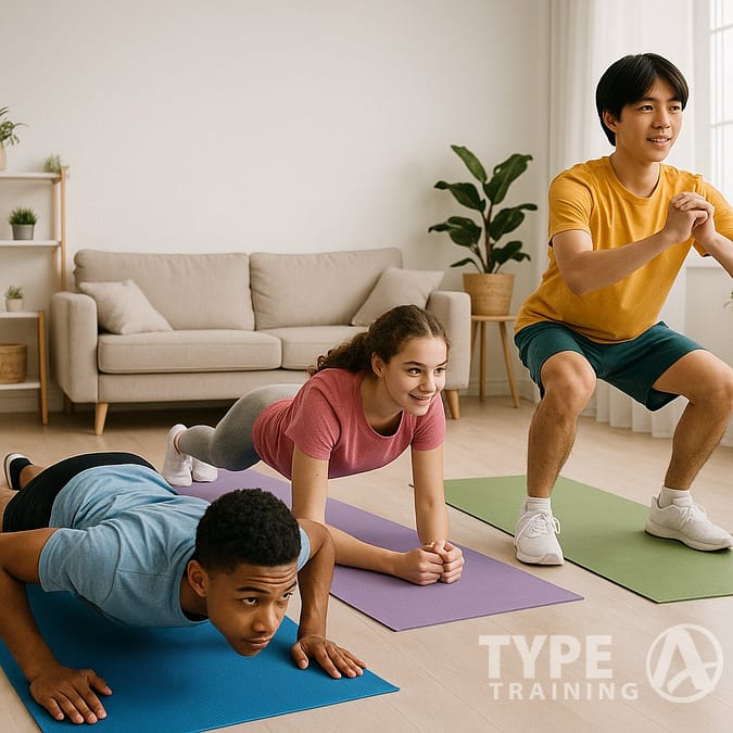 a group of people doing push ups on mats in a living room