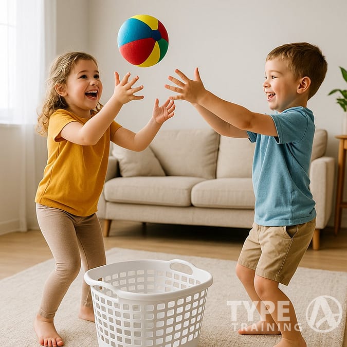 a boy and girl playing with a ball