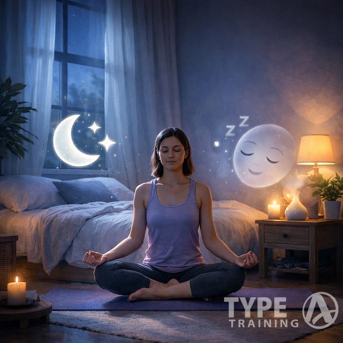 A person practicing yoga in a calm pose beside a bed in a softly lit bedroom at night, surrounded by symbols representing restful sleep.