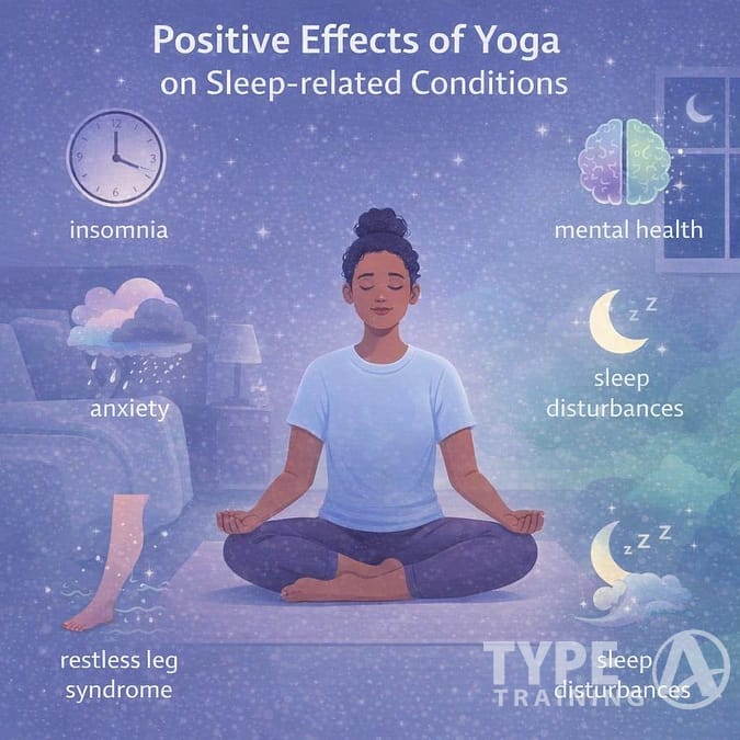 A person practicing a calming yoga pose in a peaceful bedroom at night, surrounded by symbols of restful sleep like stars and a crescent moon.