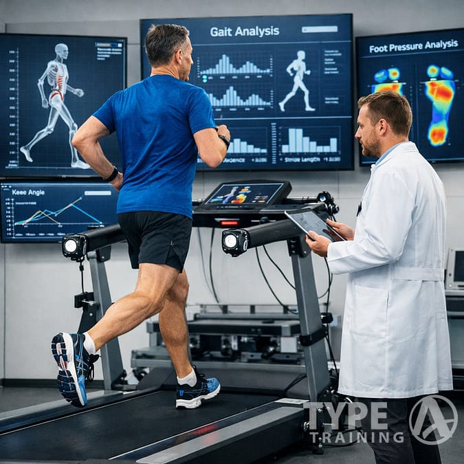 A middle-aged runner on a treadmill being observed by a sports therapist during a gait analysis session in a sports clinic.