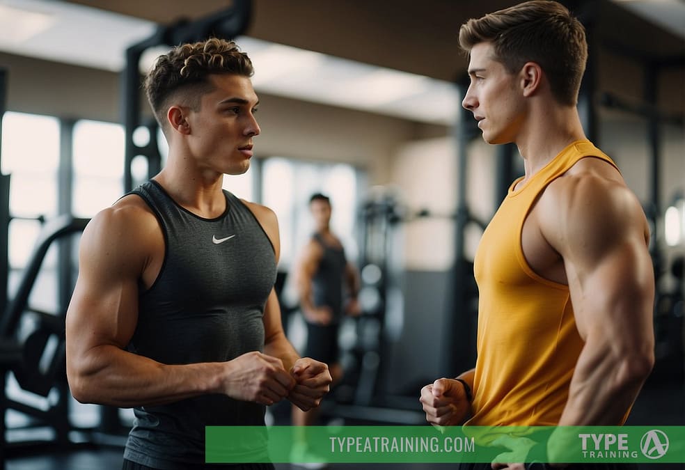 A teenager meets with a personal trainer in a gym, discussing session structure and time commitment. The trainer explains the process and sets expectations for the training program