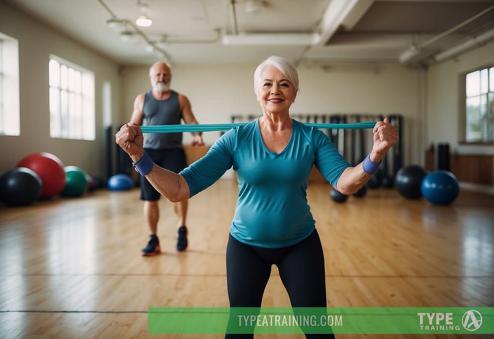 A senior client follows a personal trainer's guidance, exercising with resistance bands and stability balls in a bright, spacious gym