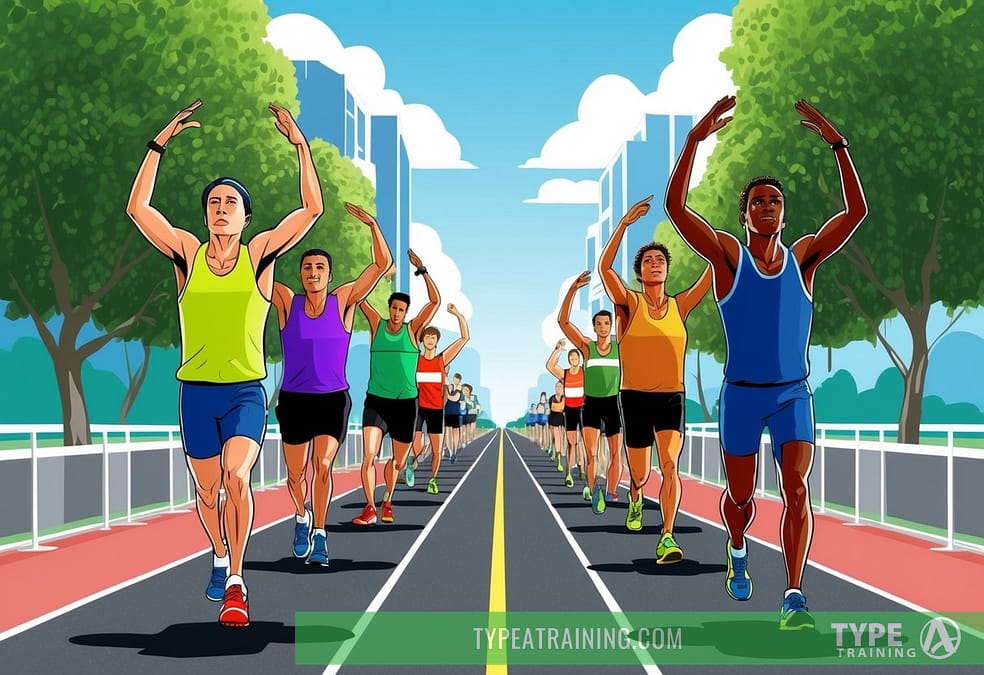 a group of people running on a road