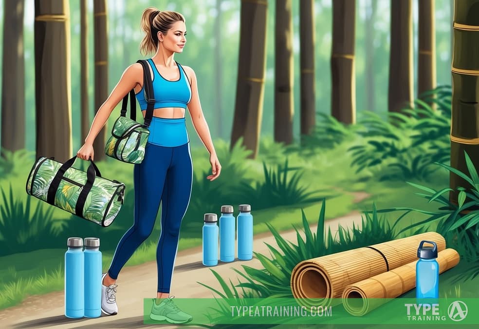 a woman in sports gear walking on a path in the woods
