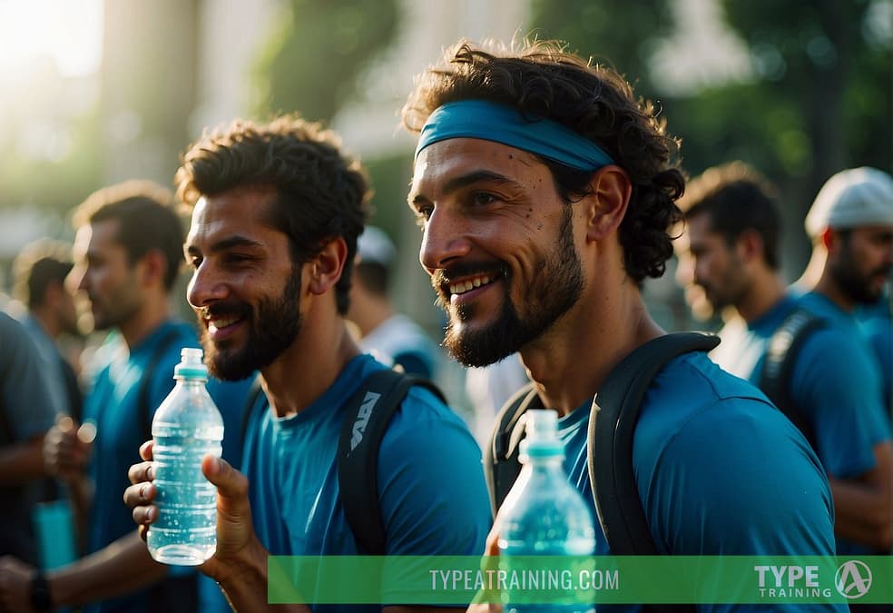 Athletes hydrate with water bottles and electrolyte drinks before and after a Ramadan workout in 2024