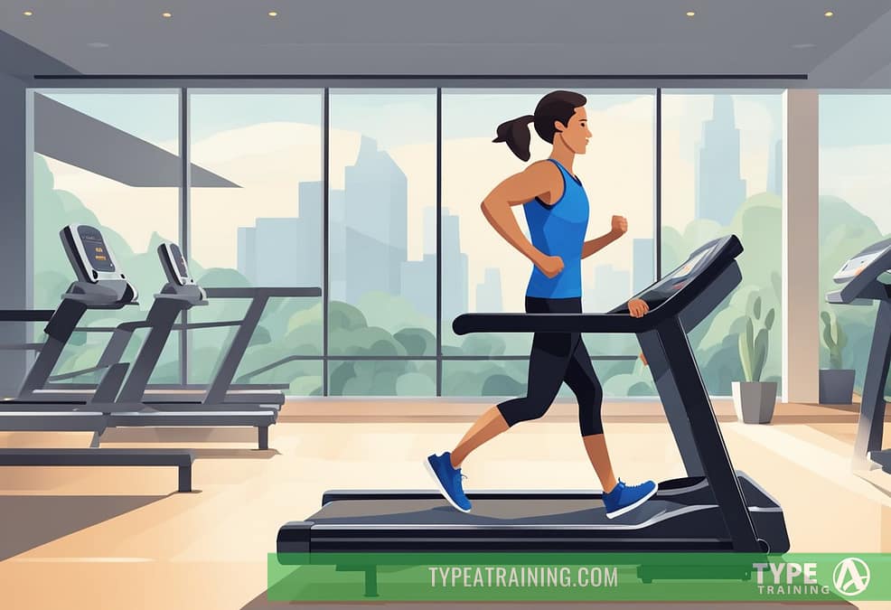 a woman running on a treadmill in a gym
