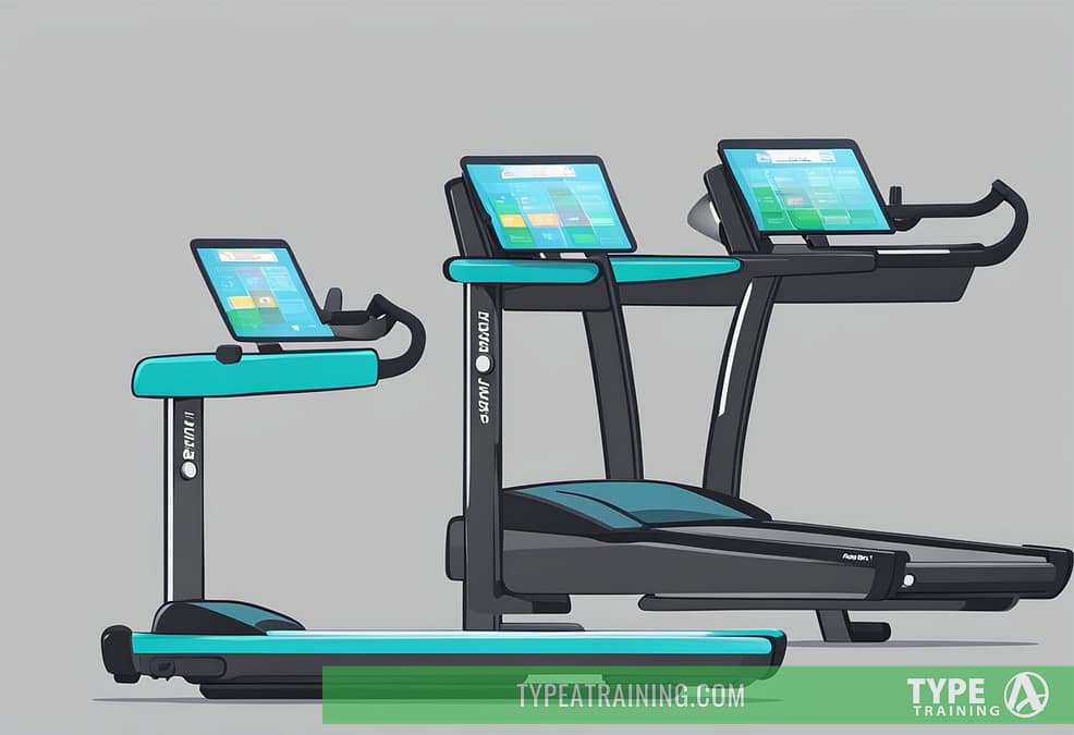 a group of treadmills with computers