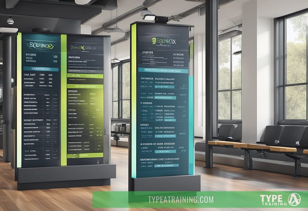A price list displayed on a sleek, modern sign at Equinox gym, with bold, clear lettering and professional branding