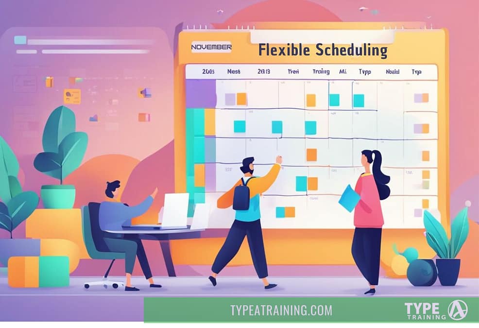 a group of people standing in front of a large calendar