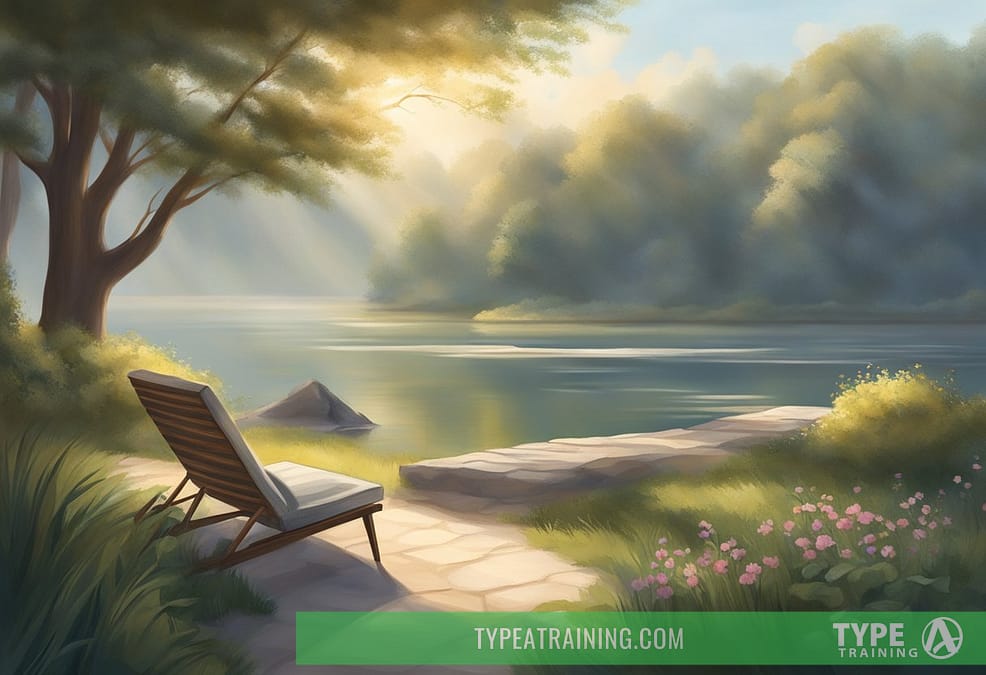 A serene setting with soft, natural lighting, featuring a tranquil space with a comfortable seating area. A clear focus on deep, rhythmic breaths and a sense of calm and relaxation